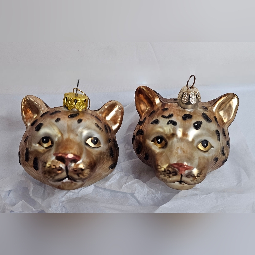Mouth-Blown Glass Panther Leopard Head Christmas Ornament, Czech Republic Pair 2